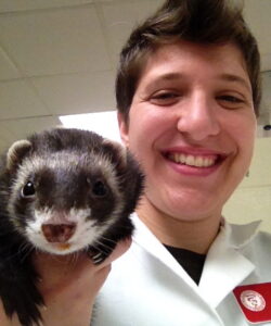 Sarah Blau and new friend Hershey, the ferret--one of the guests at the Physical Exam Skills class.
