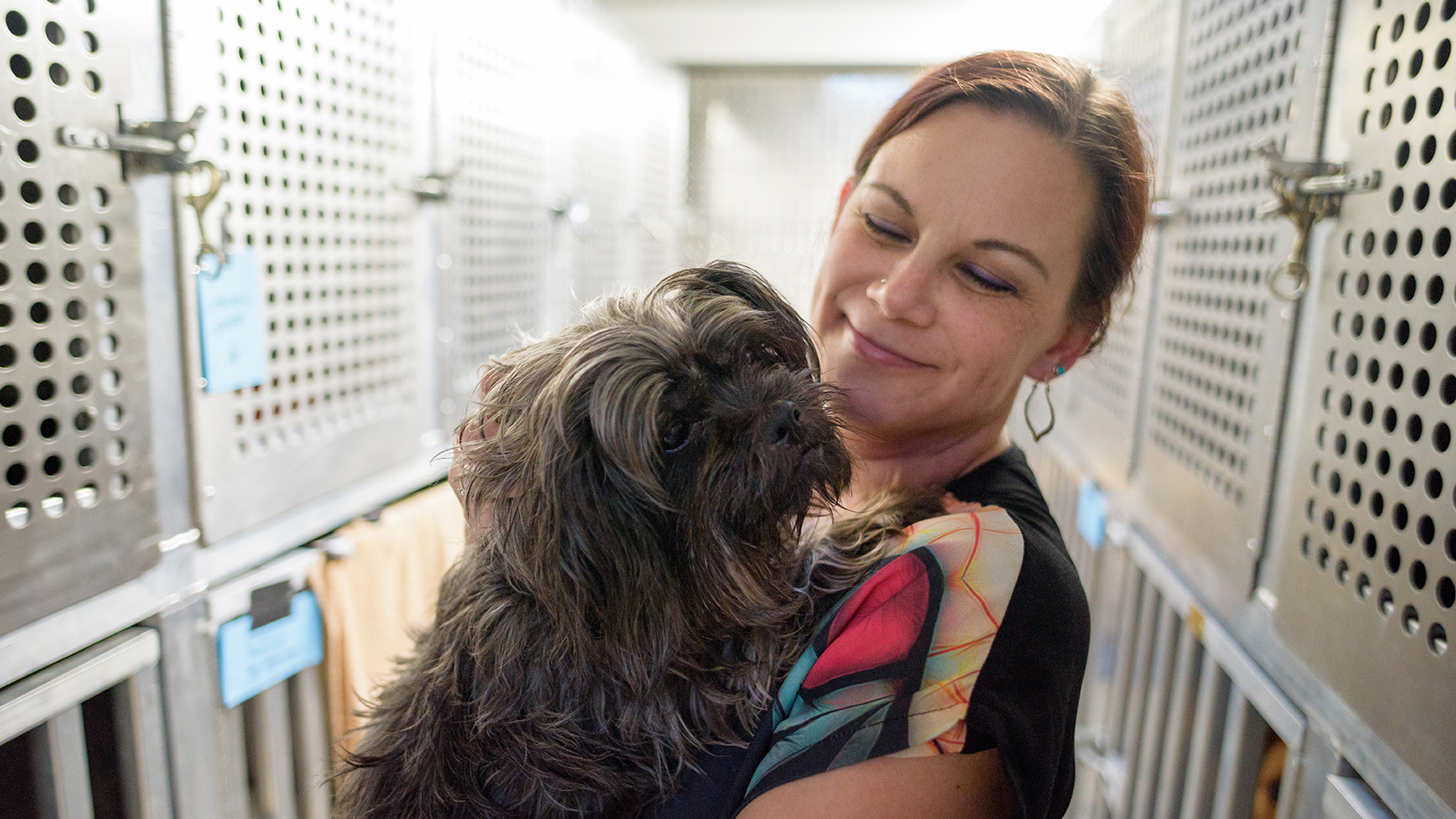 Sara Bennett volunteers with shelter dogs.