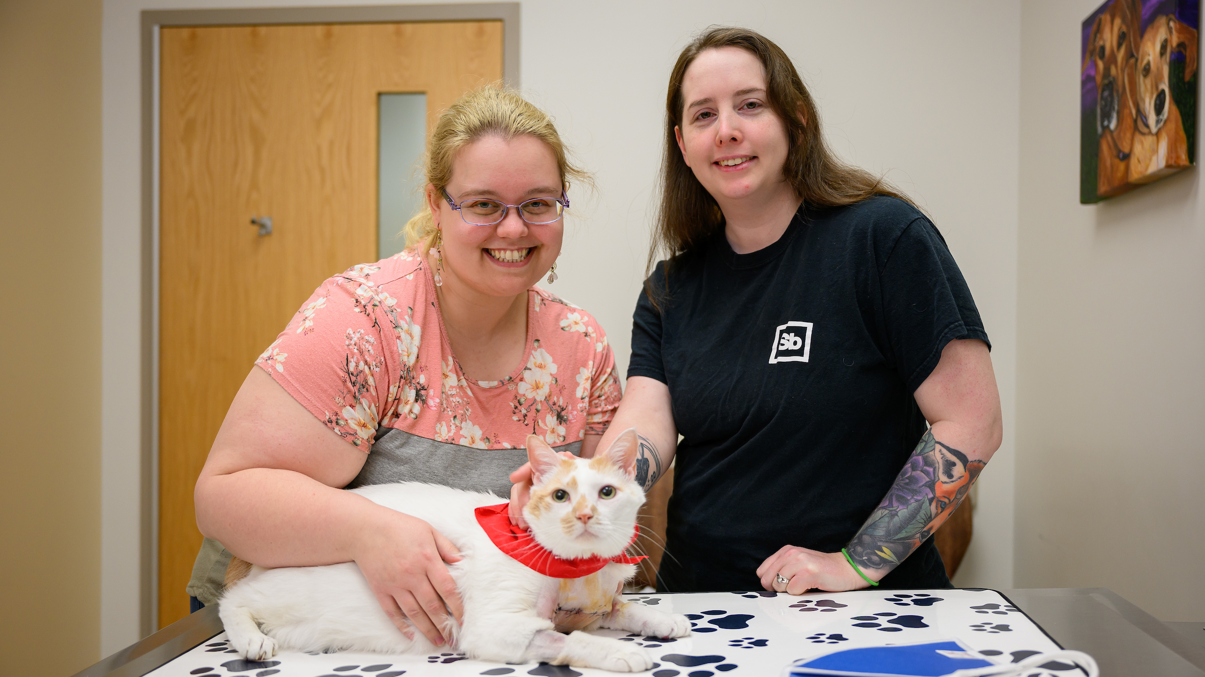 An orange-and-white cat wearing a red bandana lays on a blanket-covered exam table in a veterinary hospital. His two owners, a blonde woman wearing glasses and a pink shirt and a brunette wearing a black shirt, stand smiling behind him.