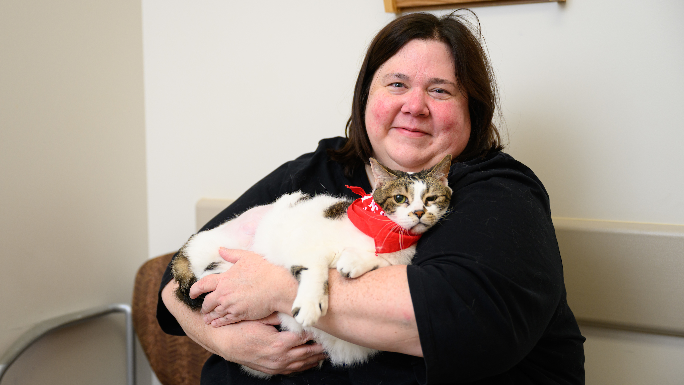 A woman with short hair and wearing a black shirt holds a tabby and white cat wearing a bandana.