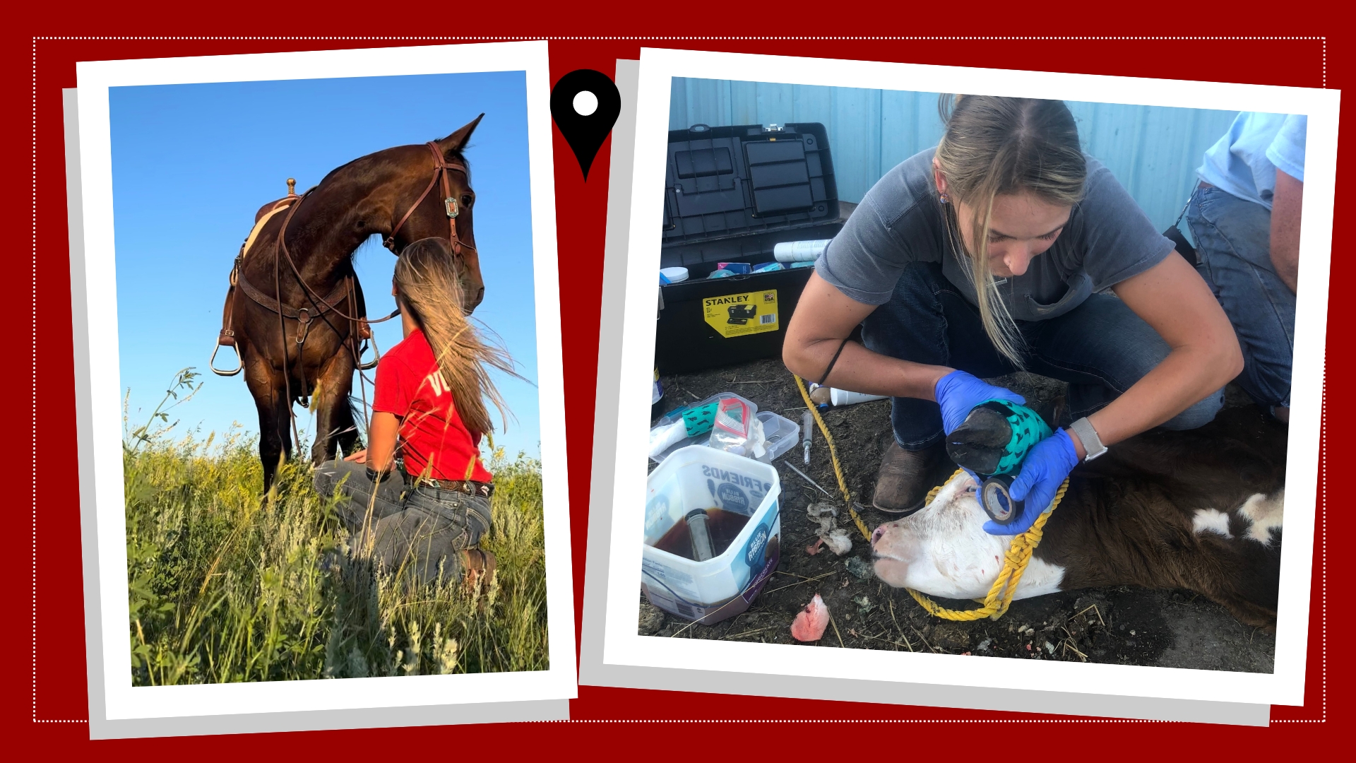 NC State vet med student Ally Elliott with a horse and a calf on the Rosebud Reservation in South Dakota.