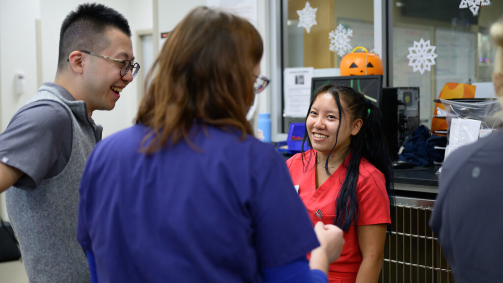 Megan Wallace, right, smiles at two coworkers pictured at the middle and left of the image.