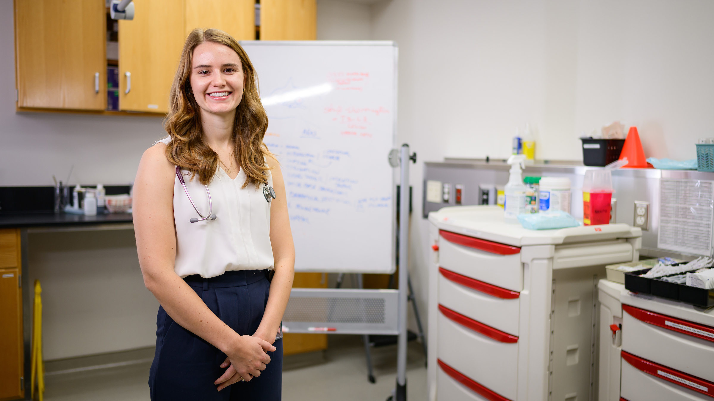 Dr. Emma Hendrix stands in front of a whiteboard with indistinguishable writing in a veterinary neurology clinic.