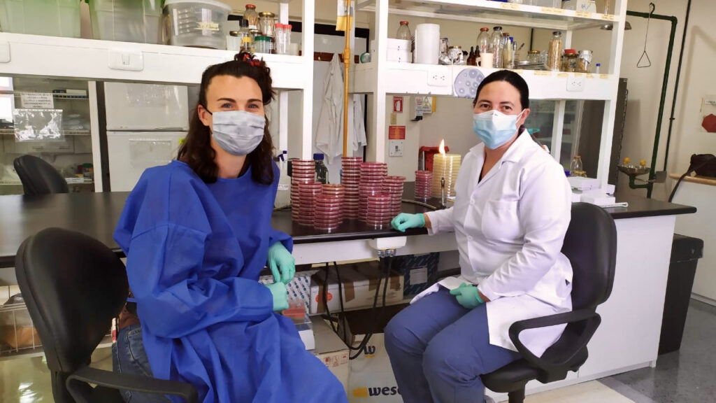 Siena Mitman, left, sits with a mentor at a lab bench. Both women are looking at the camera and smiling, with their lower faces obscured by masks.