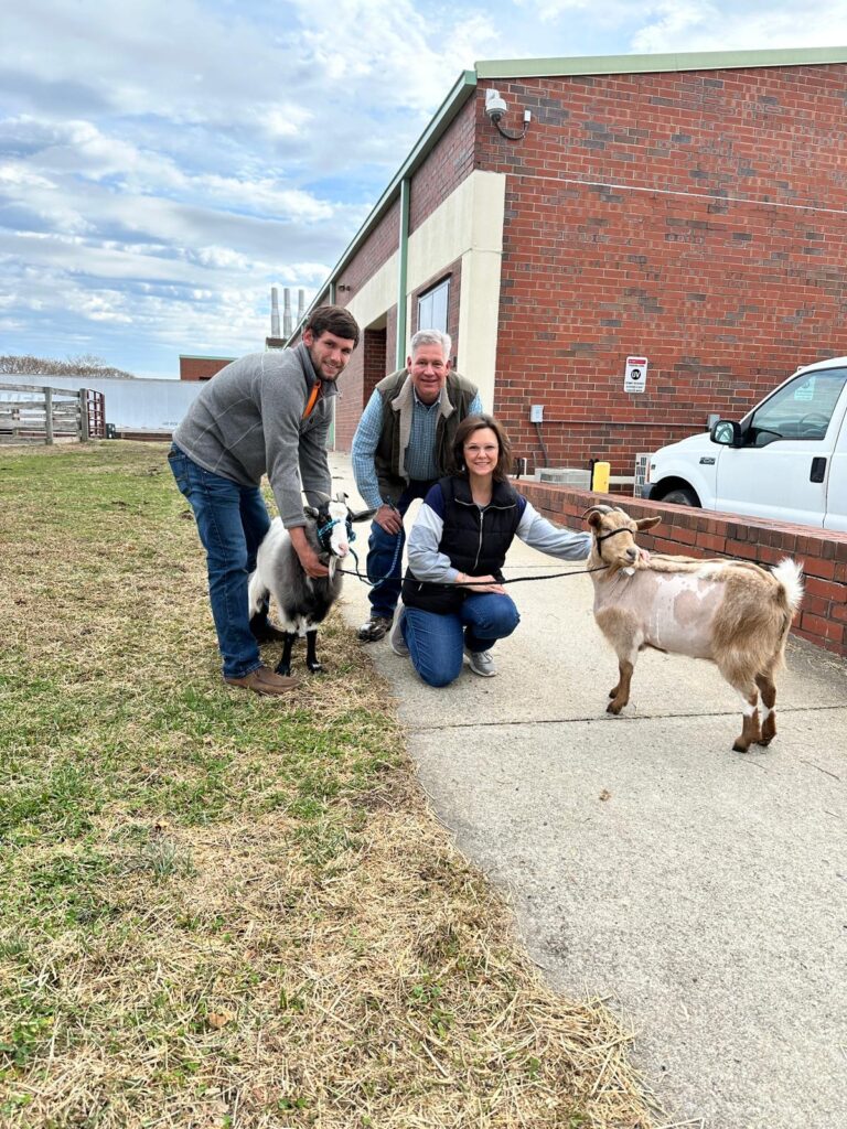 The Hight family poses with Stella and Dolly outside the NC State Veterinary Hospital. Jan and Rob Hight and their son crouch to the goats' height.