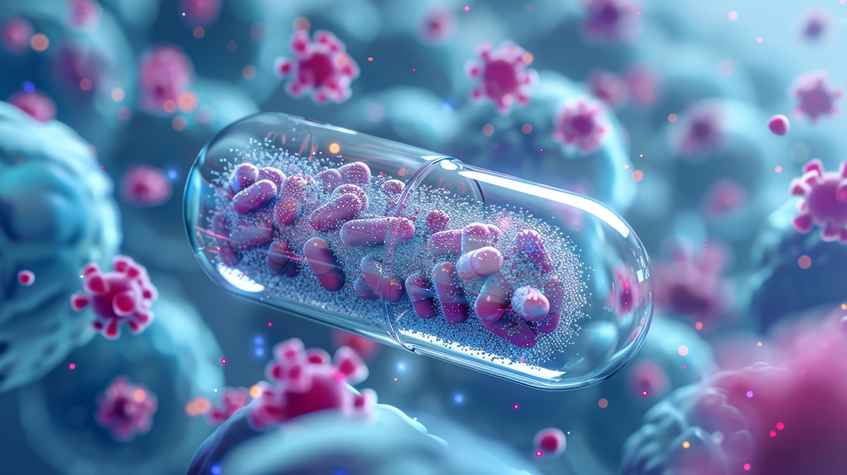 A 3D rendering of pills and bacteria.