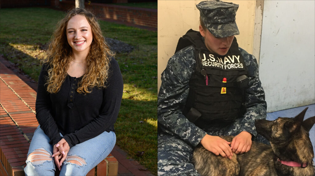 Two photos of Amy Sain: on the left, Amy poses for a photo. On the right, Amy, in military uniform, sits near a dog. 