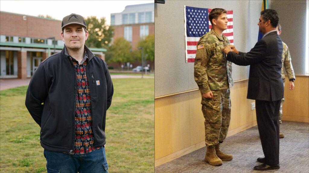 Two photos of Cole Carson. On the left, Carson poses for a photo. On the right, Carson is pinned at a promotion ceremony. 