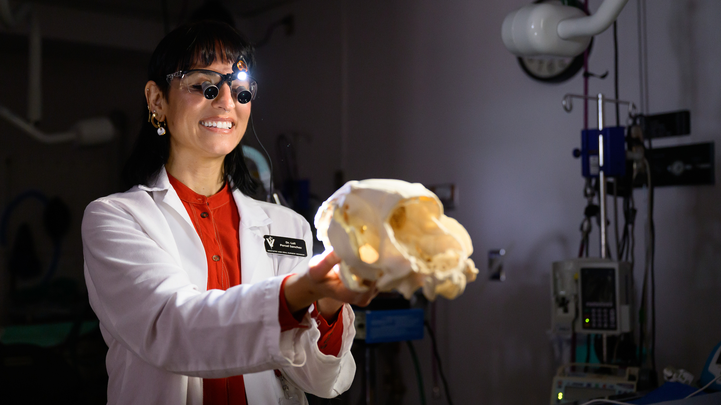 Dr. Maria Dolores "Loli" Porcel Sánchez lifts a lion skull while looking at it through surgical loupes in a dark room.