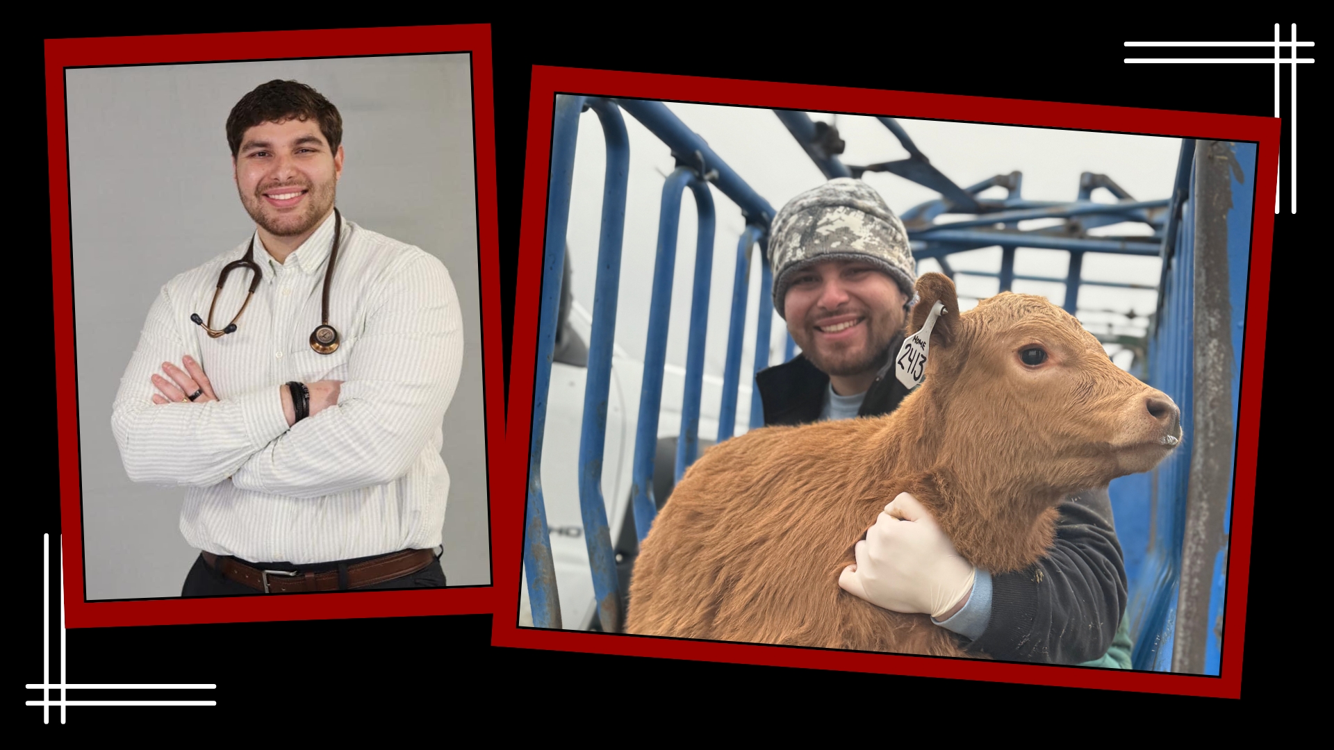 A black graphic with two pictures of a young man, one with a stethoscope and one with a calf