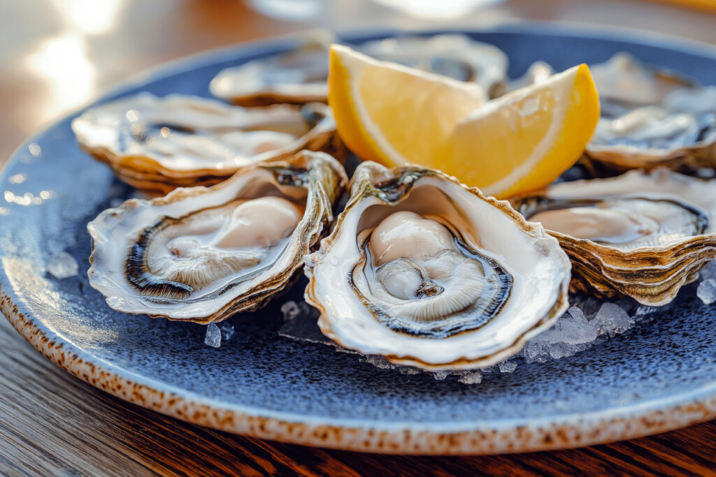 Oysters on the half shell on. blue plate with a lemon