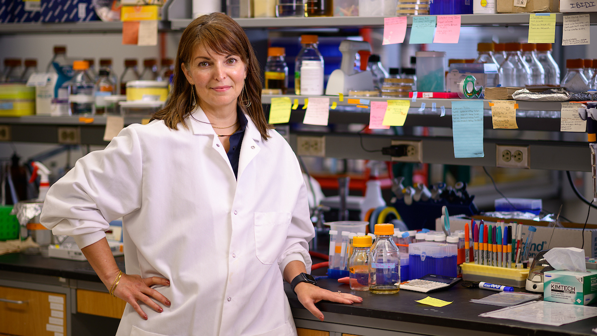 Dr. Caroline Laplante in a white labcoat standing at her lab bench
