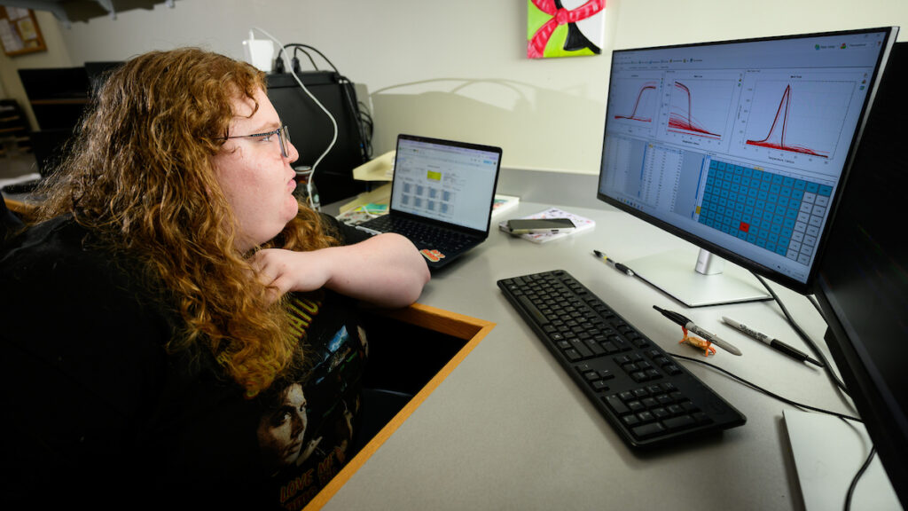 Student Katherine Stalford works at a computer and looks at charts on a screen.